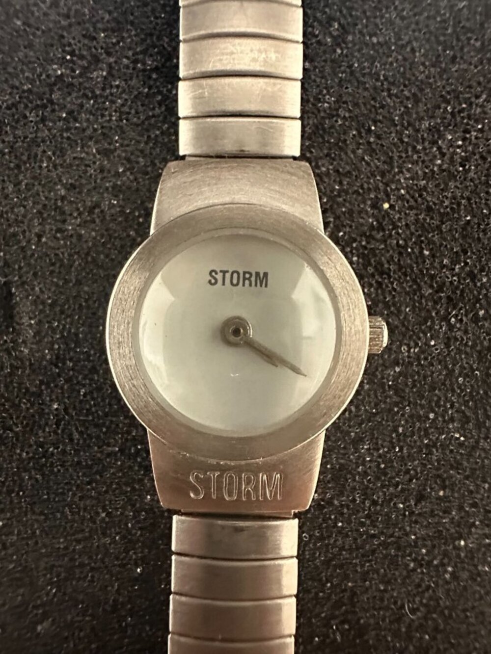 Storm Watch Women Silver Tone Stretch Band Small Round 19MM Dial 6"